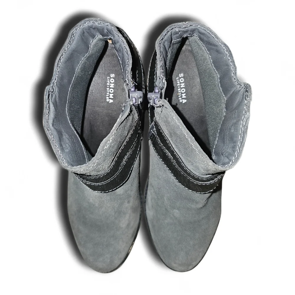 Sonoma Women's Size 6 Gray Suede Ankle Boots – Low Heel Side Zip & Buckle Straps